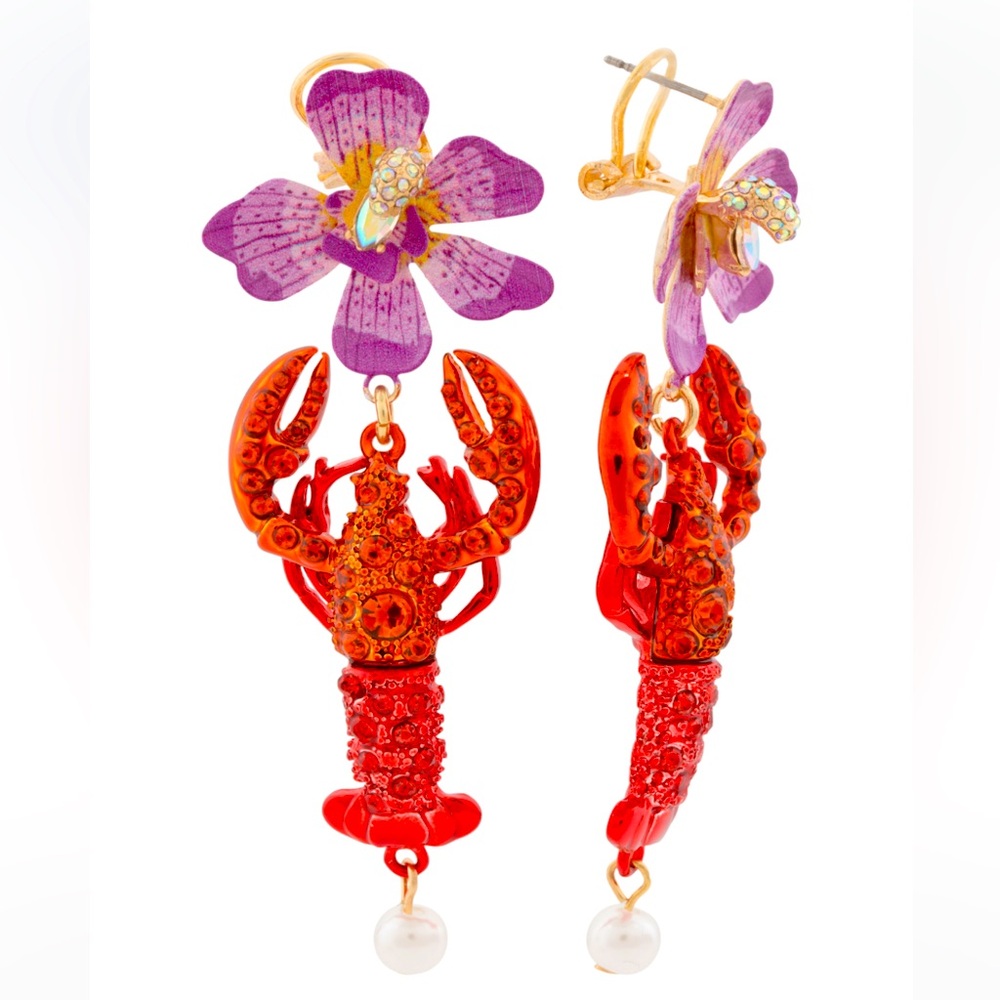 New Betsey Johnson Vibrant Red Lobster orchid Earrings with Gold-Tone Accents